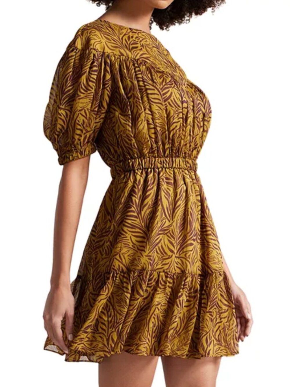 Ted Baker Marley Printed Mustard & Brown Leaf-Print Tiered Midi Dress